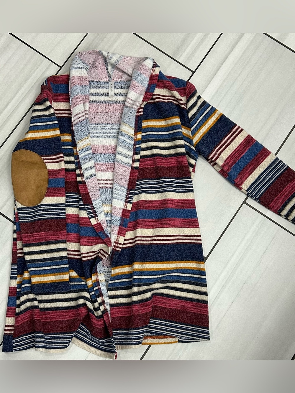 WOMAN'S ACTING PRO OPEN FRONT MULTICOLOR StripeCARDIGAN Cover Up SZ M Elbow Pads